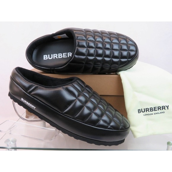 BURBERRY NORTHAVEN BLACK QUILTED CHECK LEATHER LOGO LOAFER SLIPPERS 41 US 8 - Picture 1 of 13